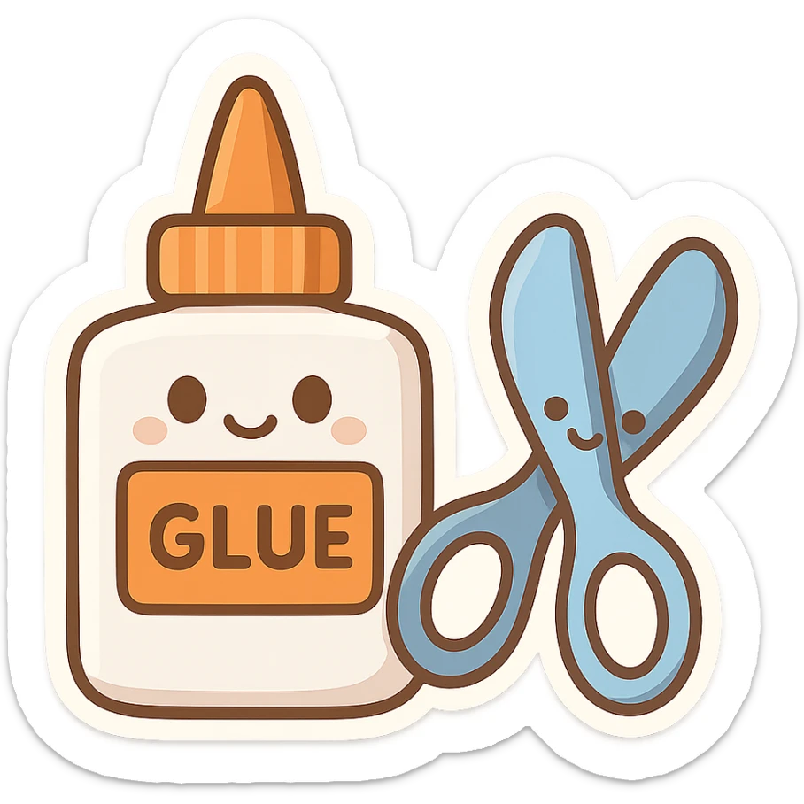 bottle of glue with orange label and tip and a pair of blue scissors, flat toon vector illustration sticker