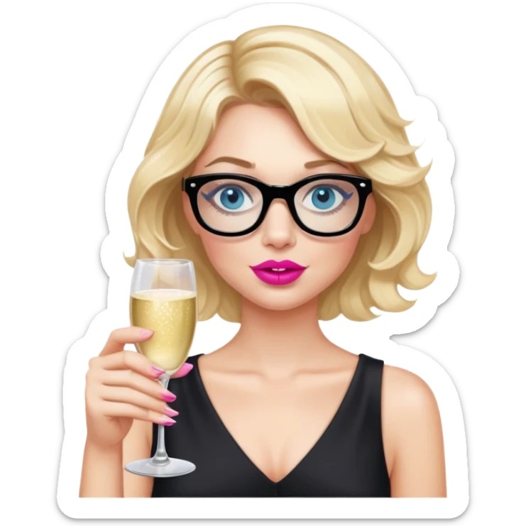 Blonde woman with short wavy hair, blue eyes and pink lips wearing black glasses looking very drunk holding a champagne glass  sticker
