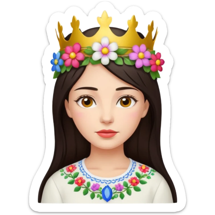 Ukrainian woman in a white embroidered shirt with dark hair and a crown of flowers on her head sticker