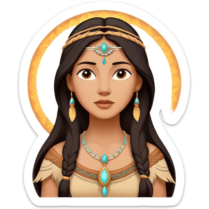 Cinematic Radiant Pocahontas Portrait Emoji, rendered in a vector-style with clean lines. Show Pocahontas with luminous, sun-kissed skin and flowing dark hair adorned with subtle natural ornaments, her expression calm and kind, dressed in simple traditional attire with earthy tones. The image glows softly with a warm, inviting radiance, enhanced by a soft glowing outline. sticker