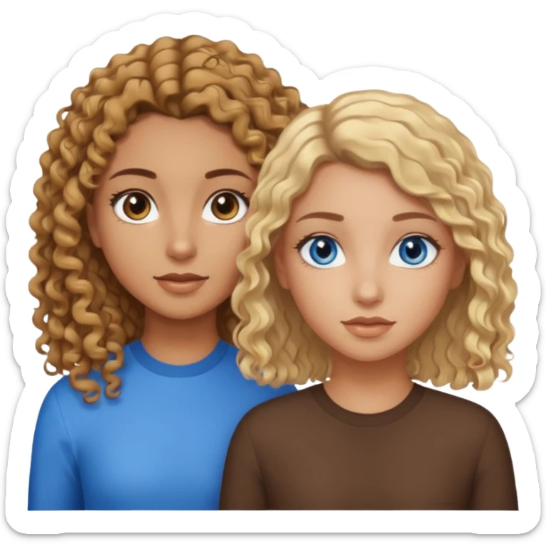 Tan girl with brown curly hair and brown eyes next to a tan girl with straight blonde hair and blue eyes sticker