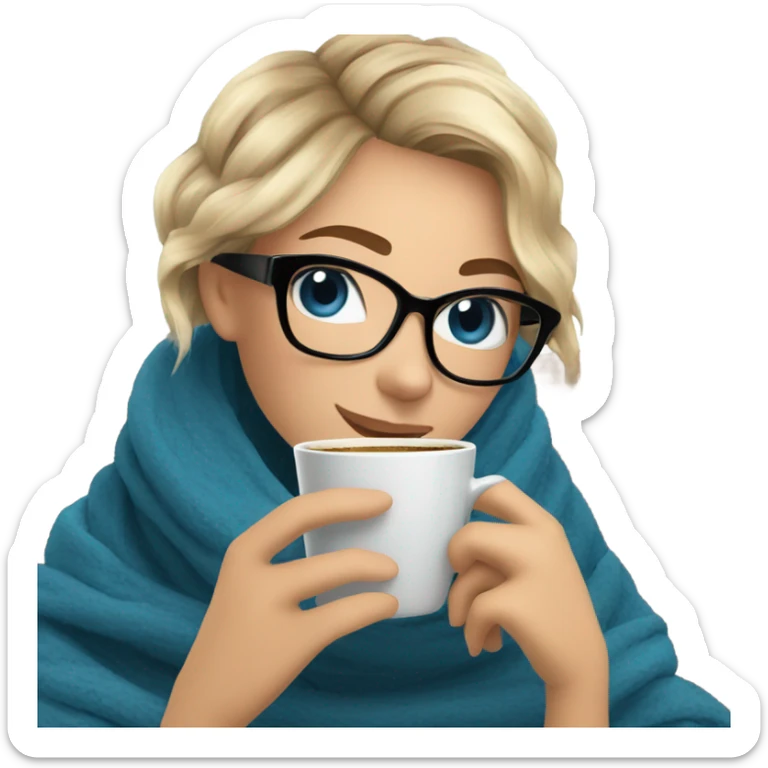 Balayage short hair Girl drinking coffee, with a cozy blanket wearing glasses with blue eyes beautiful  sticker