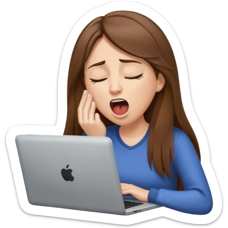 brown hair woman with long straighrt hair holding laptop and yawning from tiredness. looking tired sticker