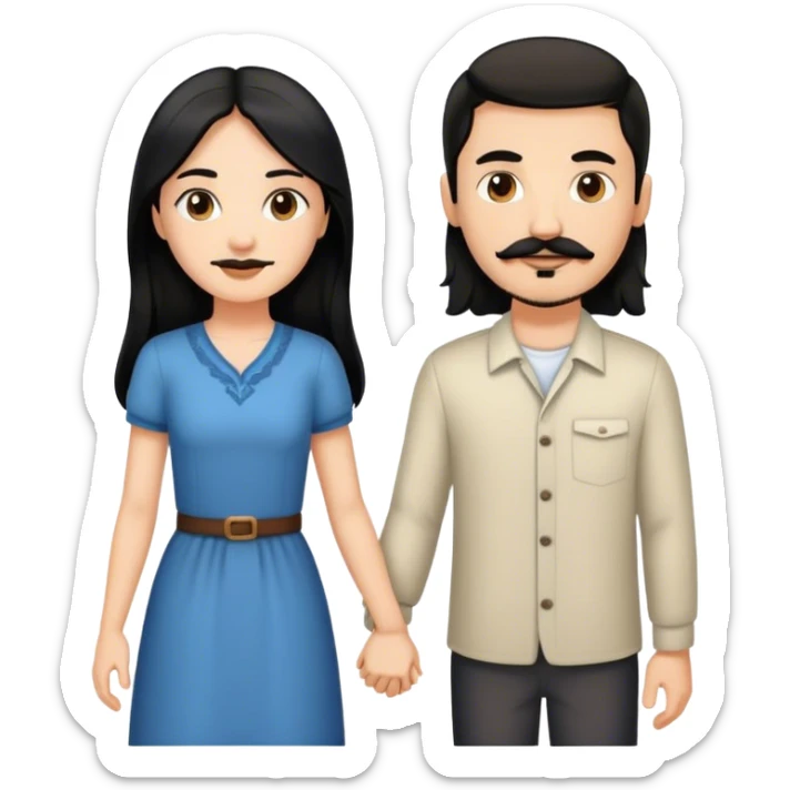 couple, a white girl with long black hair, holding hands with a white guy with short brown hair goatee mustache sticker