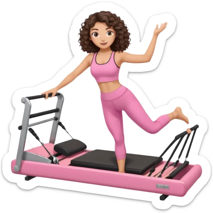 brunette,curly hair shoulder lenght,turkish,beautiful,with some eyelined eyes, 3b girl doing reformer pilates with pink pilates cutesy set,on reformer machine,making different moves. sticker