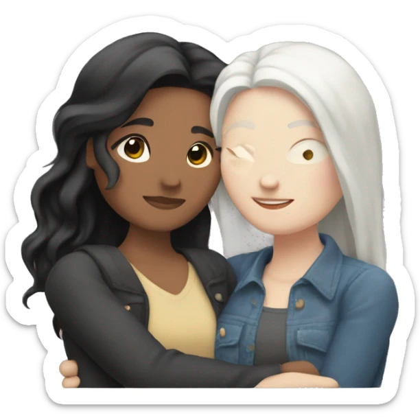 A lesbian couple that both have white skin and long black hair are hugging intimately, and romantically. sticker