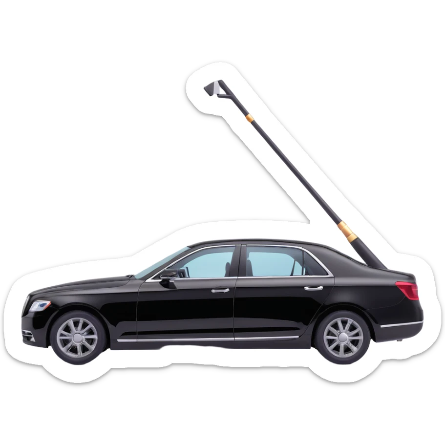 luxury black car resembling Porsche or BMW, with a hammer and a rod forming an X, floating and touching the rear right corner of the car's bodywork, a long rectangular reflection lamp illuminating the upper part of the door, elegant and modern sticker