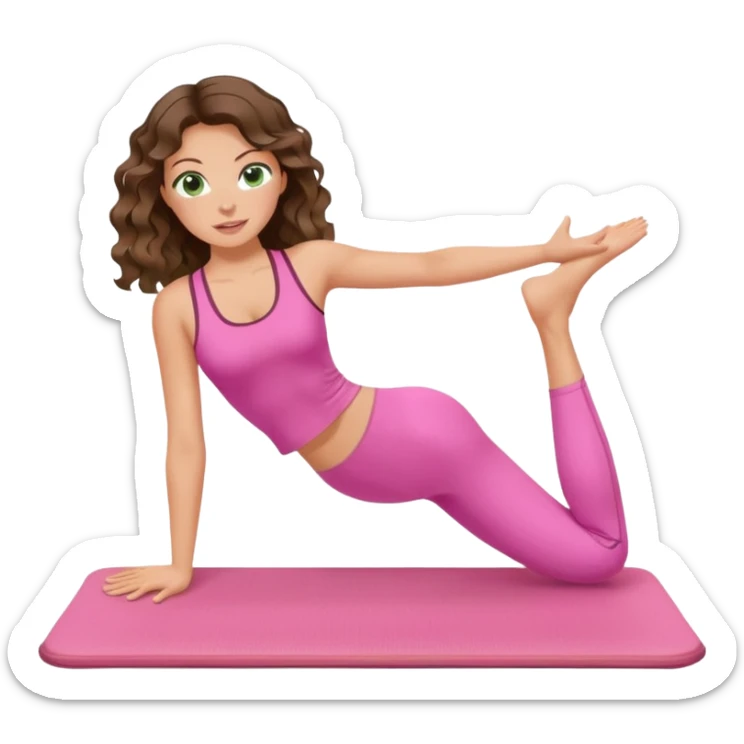 White, green-eyed, brunette cute feminine lady emoji with wavy hair doing pilates wearing pink pilates fit sticker