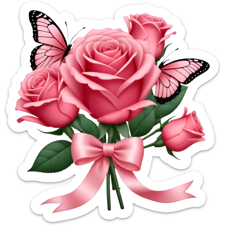 "Lush Blush Red roses wrapped in a silky Rose Quartz ribbon, their beauty enhanced by a fluttering Carnation Pink butterfly. The scene radiates romance and grace." sticker