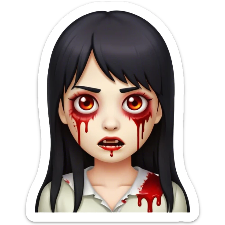 emoji de zombie feminino com sangue, cabelo liso reto com franja reta preta longo sticker