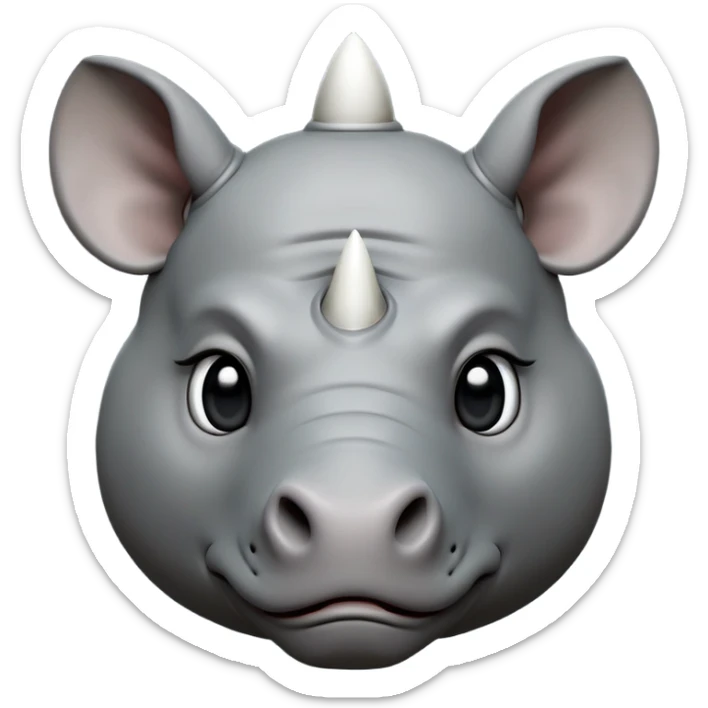 cinematic-noble-cute-rhino-portrait-emoji,slate-grey-hide-poised-and-regal,-with-a-massive,-powerful-build-and-a-thick,--deep-set-soulful-piercing-eyes,-simplified-yet-sharp-and-sophisticated-features,-highly-detailed,-large-black-eyes, white horn, front facing, zoomed out showing shoulders sticker