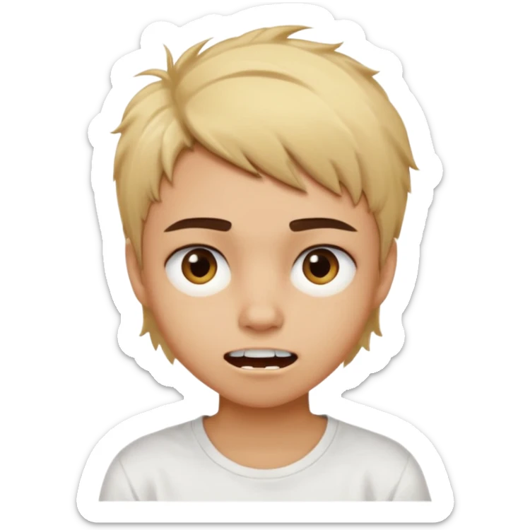 caramel skin color. Teen age. Short buzz, messy blonde hair, dark brown bushy eyebrows large expressive golden-brown eyes, brown skin color, scar over nose, wearing a plain white t-shirt. Mouth expression showing teeth sticker