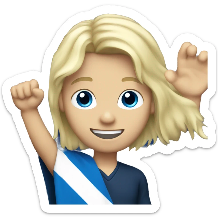 Male with blonde hair and blue eyes waving hand smiling with a Scotland flag sticker
