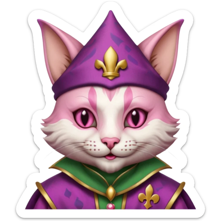 court jester cat medieval, single poker card joker clearly visible, pink, face only sticker