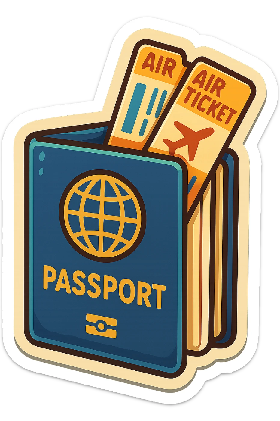 retro sticker-style illustration of an open passport with two airline tickets sticking out, bold outlines, juicy colors, expressive shadows and highlights, playful and glossy look sticker