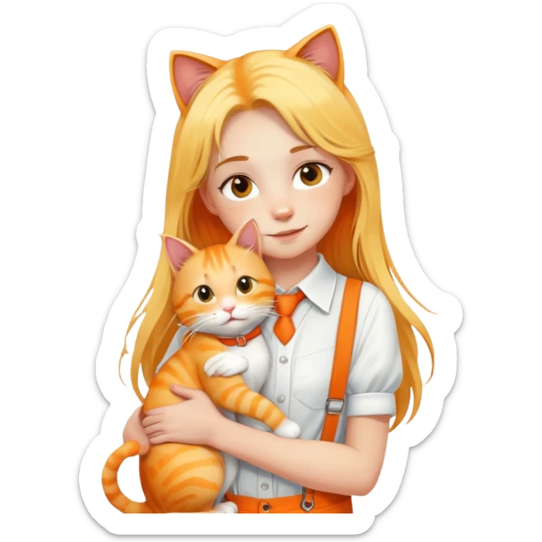 Caucasian girl - long yellow hair - white suspenders - hugging - a orange cat sticker