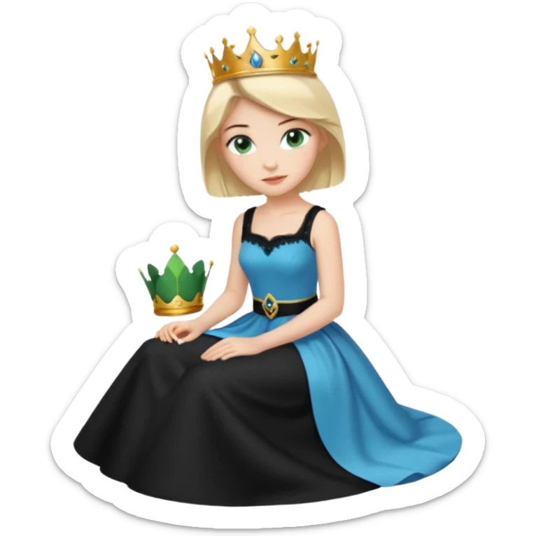 prince,  black Hair, blue eyes, garment,  woman, siiting on prince, white sleveless dress, blonde hair, green eyes, sticker