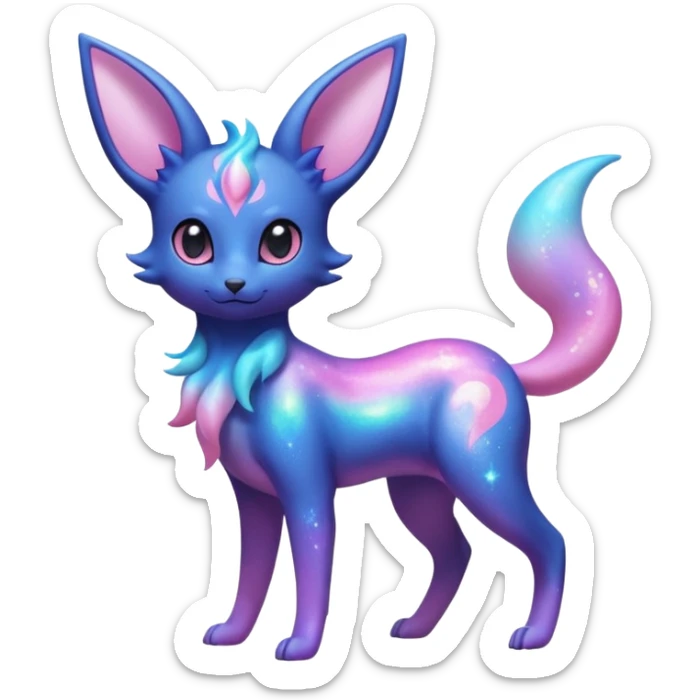 Shiny Iridescent Nebulae Espeon-Umbreon-Sylveon-Fakémon-hybrid-creature (full body)  with a galaxy-dust-flowing-gradient-tail sticker
