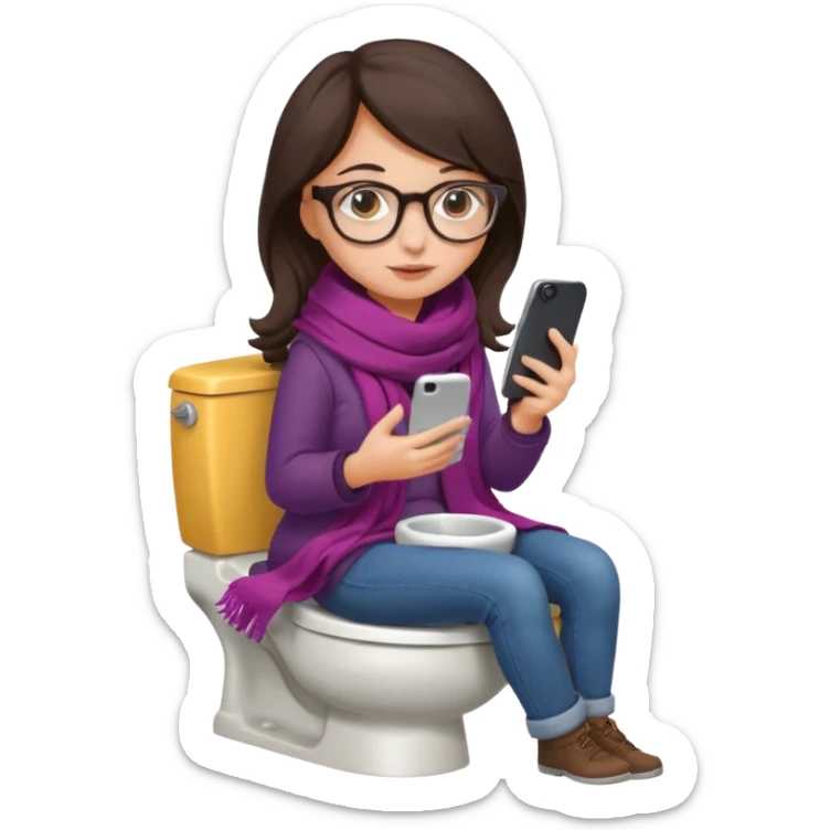 Fille châtain foncé avec lunettes. Elle porte une grosse écharpe. Elle est dans une cuvette de toilette. Téléphone en main sticker
