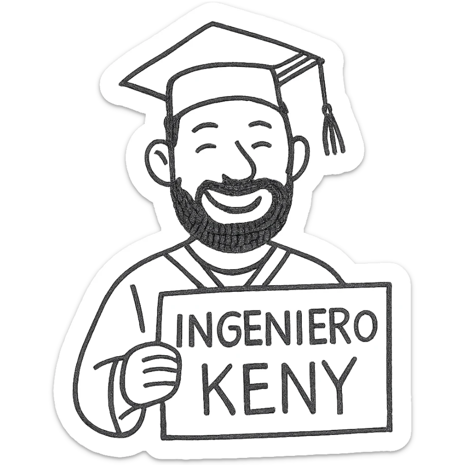 graduado universitario sonriente con barba, sosteniendo un cartel con la palabra INGENIERO KENY, estilo dibujo a mano, detalles divertidos, fondo blanco sticker