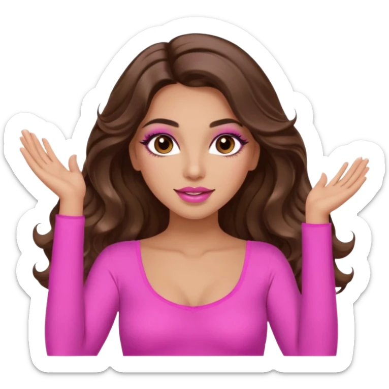 girl with long wavy brown hair, brown eyes, long lashes makeup, sexy pink lips, light to medium complexion, wearing a pink sexy top, both hands in the air high sticker