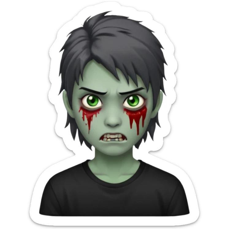 3D emoji-style avatar with grey zombie skin, dark brown hair, a young Asian face, and large green eyes with blood tears. Give it white litle bit messy mullet hair style , silver hoop earrings, and a plain black T-shirt. The face expression should be slightly angry, with vampire fang sticker