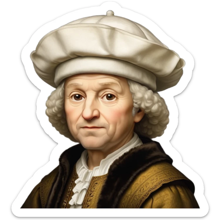 emoji of rembrandt,-shown-as-a-master-artist-with-deep,-introspective-eyes-and-richly-detailed-period-clothing,-rendered-with-dramatic-chiaroscuro-lighting-that-emphasizes-his-legacy white puffy hat sticker
