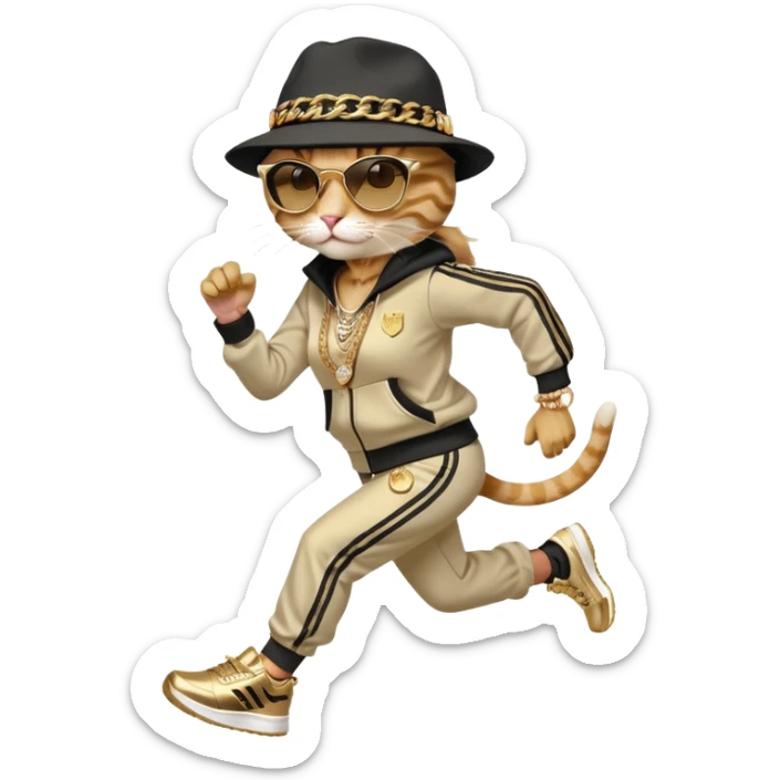 female cat running wearing Run DMC hip-hop outfit, tracksuit, fedora, Adidas shoes, dark sunglasses, lots of gold chains, bling accessories sticker