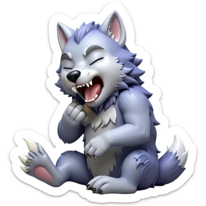 Cinematic Cute Yawning Werewolf Portrait Emoji, with a cuddly, miniature lupine form in soft moonlit grays and silvers, head leaning back in a big, adorable yawn that reveals a few fuzzy teeth, simplified yet irresistibly charming, highly detailed with a soft glowing outline that captures the drowsy, playful essence of a werewolf mid-nap! sticker