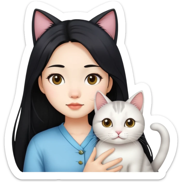 Cat on Asian girl white skin black long hair  sticker