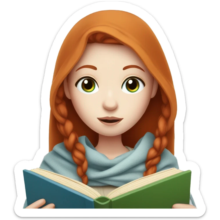 Redhead girl with pale skin and blue eyes covered in a blanket reading a book sticker
