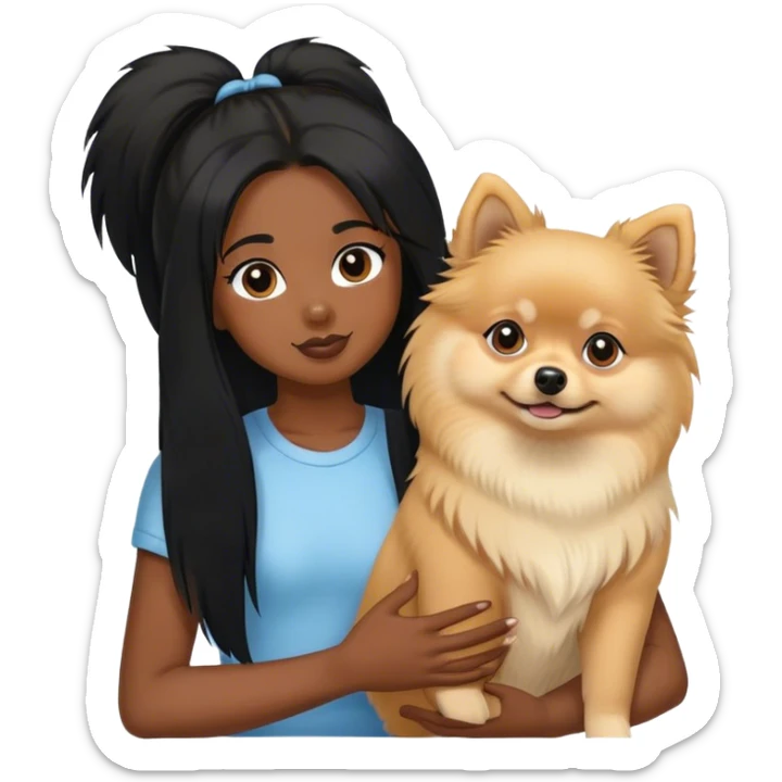 Pomeranian male dog and black girl with long hair holding him  sticker