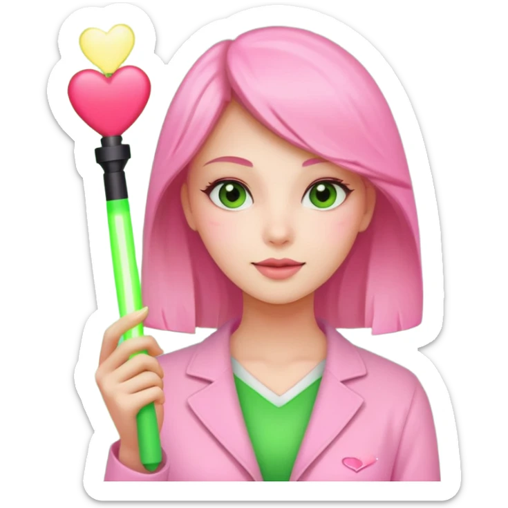 A lovely woman in pink with a square green light stick and with heart sticker