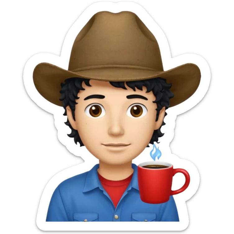 Ranch hand with blue hat and coffee mug, curly black hair, red shirt sticker