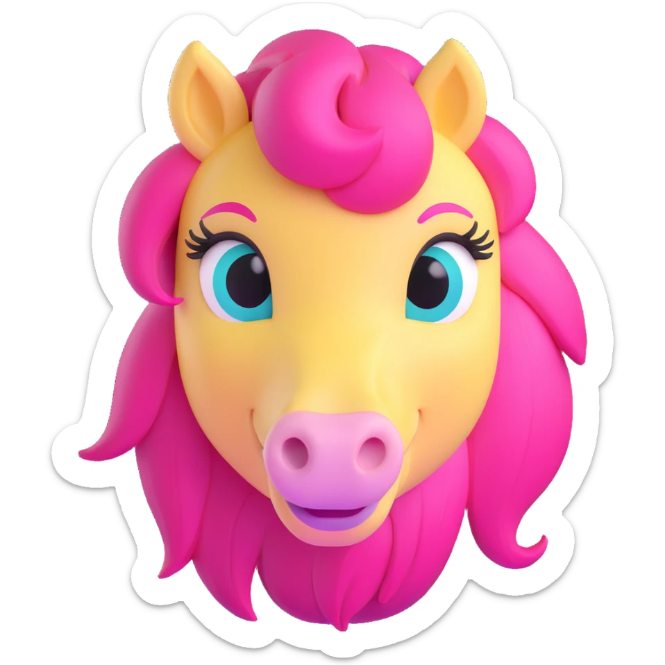 close-up face of pastel yellow pony with pink mane, big teal eyes, shy smile sticker
