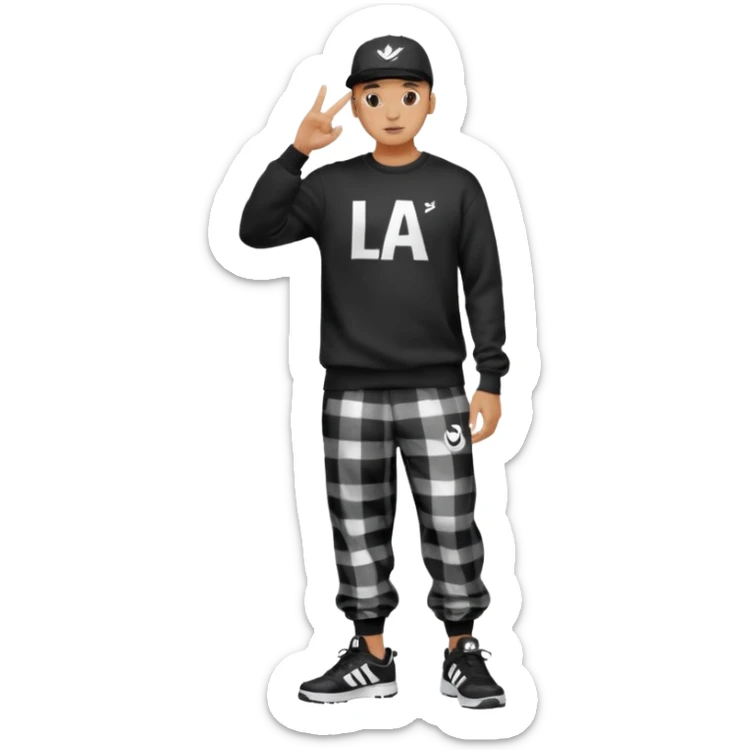 Crea Un Emoji De Cuerpo Completo Que Sea Hombre Con Corte Alucin Que Tenga Gorra Nike, Suéter Negro Que Tenga La Letras LA El La Parte Del Corazón, Zapatos Adidas Con Una Palomita✅, Pantalón Ancho O Bellaco Con Unos Diseños De Palomas Blancas Y Asiendo Una Pose Con Su Mano Que Sea Está 🤙🏽. sticker