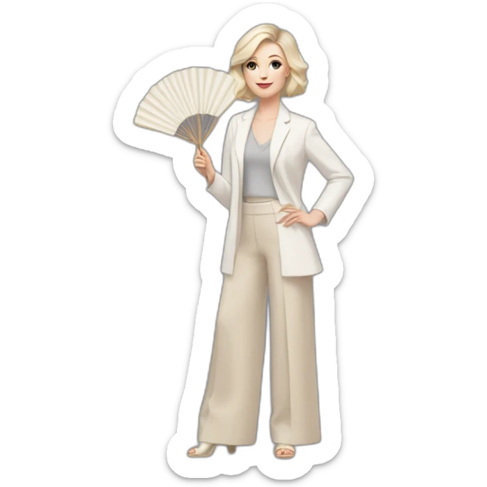 pale skin woman with ash blonde Straightened bob Hair, White Spacious classical jacket, beige palazzo Arrow pants and gray blouse holding a fan from color palettes in the hands sticker