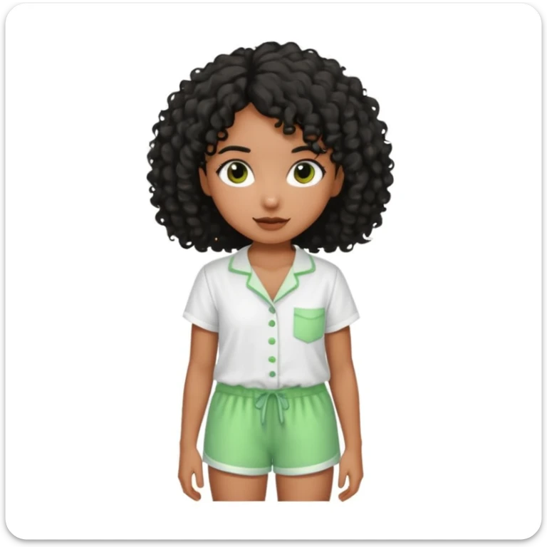 Menina morena do cabelo encaracolados pretos e um pijama de blusa branca e short molinho verde sticker