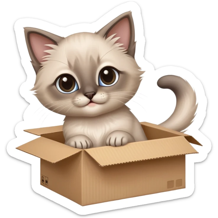  A very cute gery young happy kitten long hair Siamese Cat cat with one's head tilted to one side poked its paws out of the cardboard big box and placed them on top of it sticker