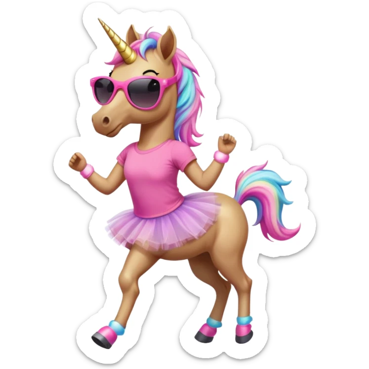 friendly anthropomorphised female unicorn with horse-like face, in tutu and pink t-shirt, wearing dark sunglasses, jogging upright in standard pose sticker