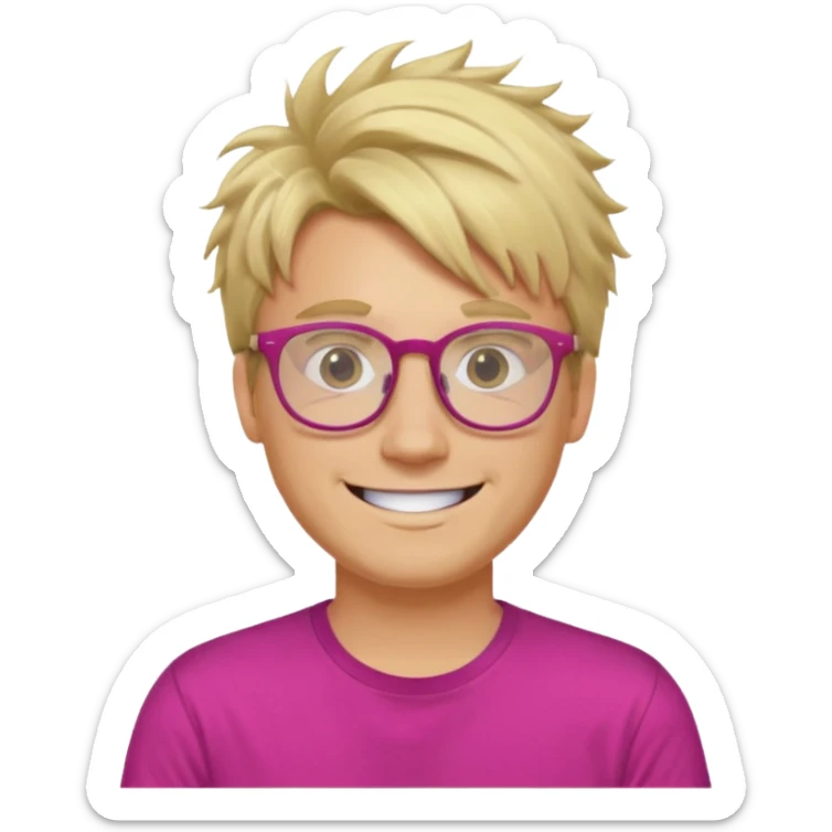 A blond guy with messy hair is smiling. He wear glasses and a fushia T-shirt sticker