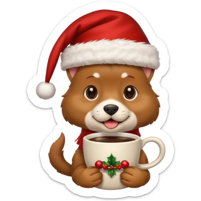 Un perro con un sombrero de Navidad que tenga una taza de café en la mano sticker