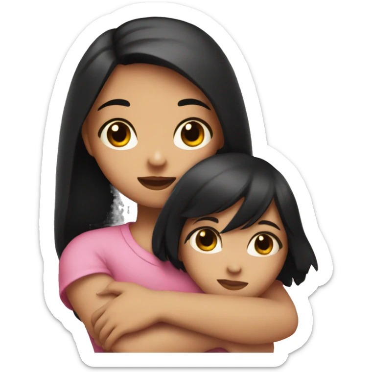 Girl hugging a heart, the girl has black hair, black eyes and is light-skinned sticker