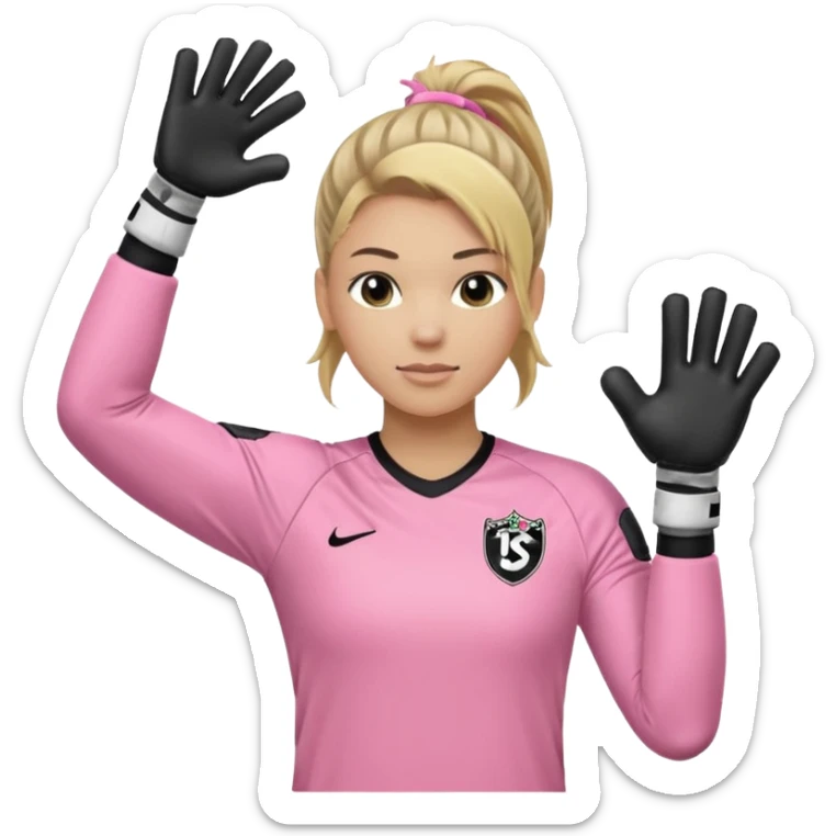 Make a dirty blonde football goalkeeper with goalkeeper gloves on. light skinned and wearing a light pink football kit. Wearing one ponytail on back of head. Make it without the whole body. With full sleeves. No RUGBY BALL JUST BLACK AND WHITE BALL. Holding ball under armpit. Other hand hanging down sticker