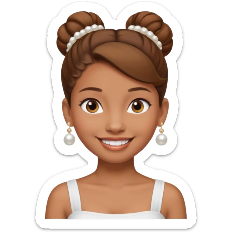 Light brown skin girl, brown hair in bun, smiling, white tube top, pearl earrings sticker