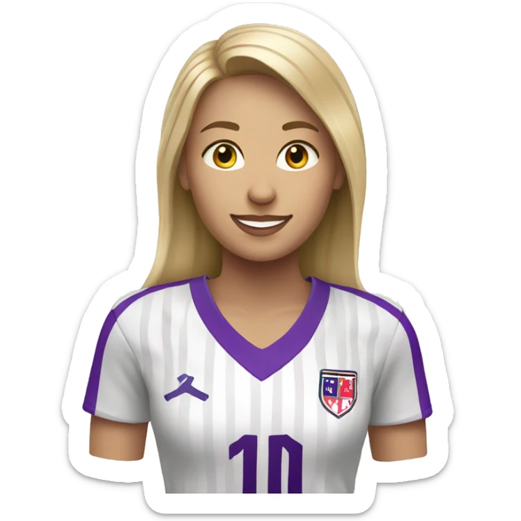 a blonde woman in white soccer jersey with purple pinstripes sticker