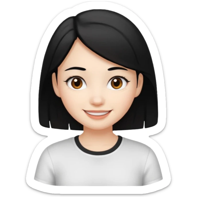 a girl with white skin, black hair, brown eyes, and a white shirt, with a happy expression sticker