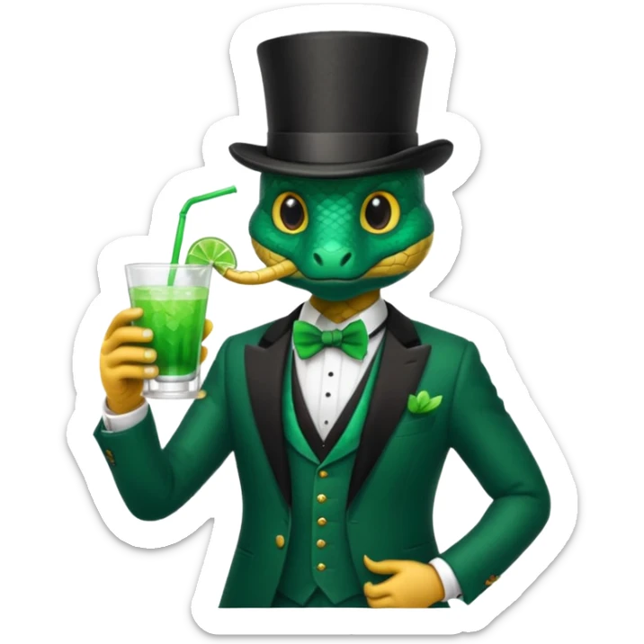 snake wearing suit, bowtie and top hat, holding a glass of green drink sticker