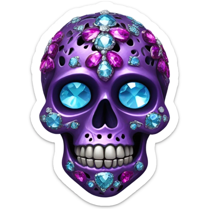 Realistic isolated metallic dark purple,magenta,light blue,and hot pink filigree super skull decorated with shiny diamonds and rhinestones.  sticker