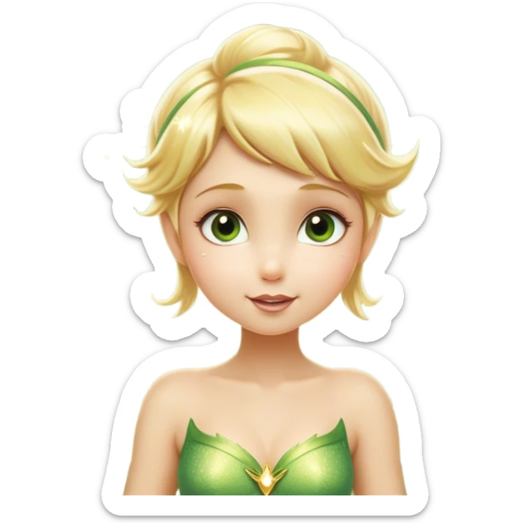 Cinematic Realistic Blonde Tinker Bell Fairy Portrait, head tilted playfully and inquisitively, showcasing a delicate pixie form with finely detailed, golden blonde hair and softly glowing, translucent wings that catch the light with a cascade of fairy dust. Her bright, curious eyes sparkle with mischief and wonder, rendered with lifelike clarity and warm, gentle lighting that captures the essence of a spirited, charming fairy ready to flutter playfully into your heart. sticker